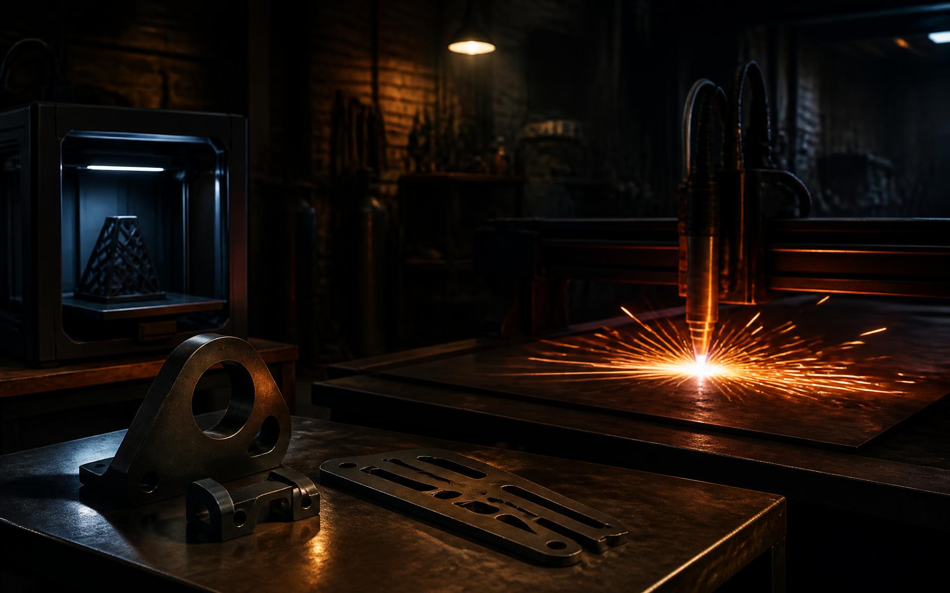 Plasma cutter slicing steel next to a 3D printer in the JMR workshop